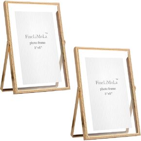 Gold 5x7'' Floating Frame 2Pack For Picture 3.5x5'', 4x6'', Beaded Thin Metal Edge Frames, Adjustable Tabletop/Shelf Photo Frame, Classy Wedding Gift and Home, Office Decor Frame