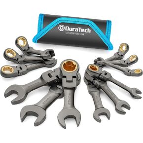 DURATECH 12-Piece Anti-Slip Flex-Head Ratcheting Wrench Set, Stubby Combination Wrench Set, Metric, 8-19mm, 72-Teeth, CR-V Steel, Nickel Plated with Pouch