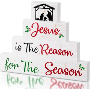 Gerrii 4 Pcs Christmas Table Decorations Wooden Block Signs Tabletop Decor Rustic Jesus Tiered Tray Decor Farmhouse Blocks Decorations Christmas Block Signs for Home Table in Saudi Arabia