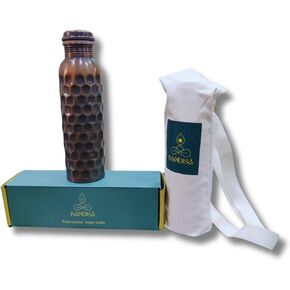 Kandisa Antique Diamond Hammered Copper Water Bottle with a Canvas Bag | 32oz Pure Copper Water Bottle For Drinking | Anti Slip Bottom | Handcrafted by Artisans | Sustainable & Eco-friendly