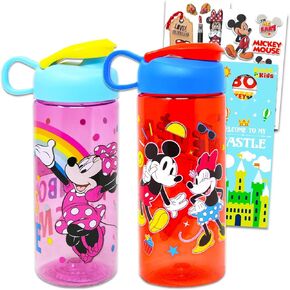Mickey and Minnie Water Bottle Set for Kids, Girls, Boys - 5 Pc Disney School Supplies Bundle with Mickey Water Bottle, Minnie Water Bottle, Stickers and More | Disney Drinking Cups for Kids