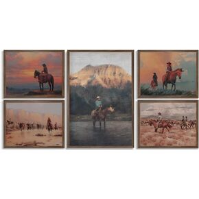 5pcs Vintage Cowboy Wall Art Western Desert Canvas Wall Decor Horse Pictures Prints Posters Rustic Southwest Paintings Mid Century Modern Men Cave Artwork for Ranch Farmhouse Home Decorations Unframed