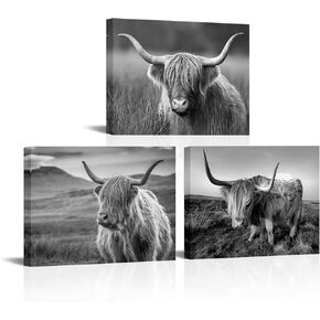 HOMEOART Highland Cow Wall Art Black and White Cow Picture Prints Home Decor Framed Ready to Hang 12x16inchx3 Pieces