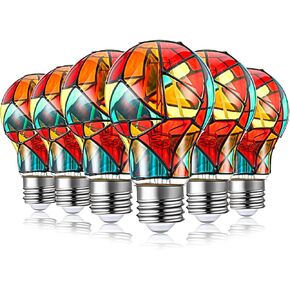 Tarpop 6 Pack Christmas Stained Glass Light Bulbs A19 2w (25w Equivalent) E26 Base Painted Light Bulb LED Mosaic Light Bulb Stained Glass Light Bulb Colored Light Bulbs for Xmas Home Party Decoration