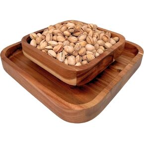 Penko Acacia Pistachio Snack Bowl Double Dish Holder Bowl Pedestal and Sunflower Seed Nut Bowl with Shell Storage