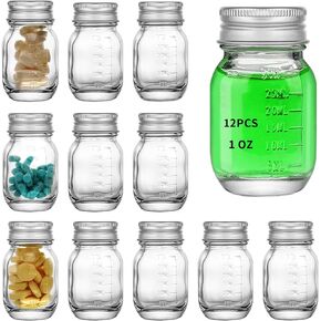 12 PC Glass medicine bottles 1oz 30 ml Glass Reagent Bottles Transparent Sample Jar,Wide Mouth,Screw Cap with Scale for Home, Argent Lid