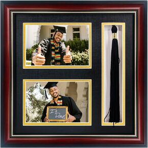 Graduation Photo Frame with Tassel Holder for Double 4x6 Pictures,Solid Wood Real Glass,Black over Gold Double Mat,Wall & Tabletop Design