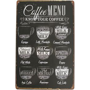 ARTCLUB Coffee Menu Know Your Coffee Latte Espresso Metal Tin Sign, Vintage Antique Plaque Poster Kitchen Home Cafe Wall Decor