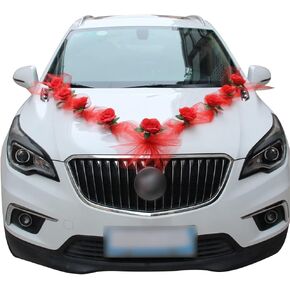 Wedding Car Flowers Decoration, Artificial Rose Flower Ribbon Bridal Car Decoration - Romantic Rose Wedding Party Decoration - Artificial Flowers & White Ribbon Wedding Car Decoration Kit, 160cm/White
