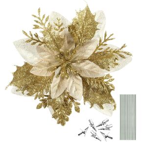 Poinsettias Artificial Christmas Flowers,15 Pack Gold Glitter Flowers Artificial with Clips Stems Christmas Tree Ornaments Decor for Wreaths Garland Holiday Party Xmas Decoration 6 Inch