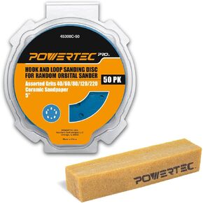 POWERTEC PRO 45301C 50PK 5 بوصات أقراص صنفرة وحلقة وعصا تنظيف كاشطة، 40/60/80/120/220 ورق صنفرة مداري من السيراميك لـ 5 و8 فتحات صنفرة مدارية عشوائية - السيارات والمعادن والأعمال الخشبية