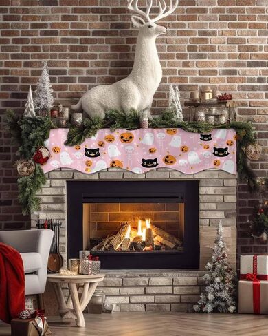 QueenKer Hello Fall Fireplace Mantel Scarf 70" x 17" Thanksgiving Orange Pumpkin Mantel Cover Runner Maple Leaves Mantel Shelf Top Scarf Runner for Holiday Living Room Home Decoration in Kuwait