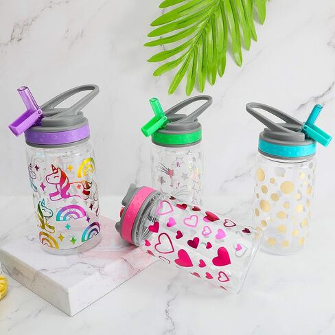 زجاجة مياه للشرب للأطفال سعة 15 أونصة من هوم تون - خالية من مادة التريتان BPA، ذات فم واسع، زجاجة مياه قابلة للطي، سهلة الفتح، خفيفة الوزن، مانعة للتسرب مع تصميم لطيف بطباعة رقائق معدنية للفتيات والفتيان in Saudi Arabia