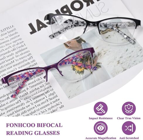 FONHCOO Bifocal Reading Glasses for Women, Metal Spring Hinge Blue Light Blocking Half Frame Readers Anti UV/Glare/Eyestrain in Saudi Arabia
