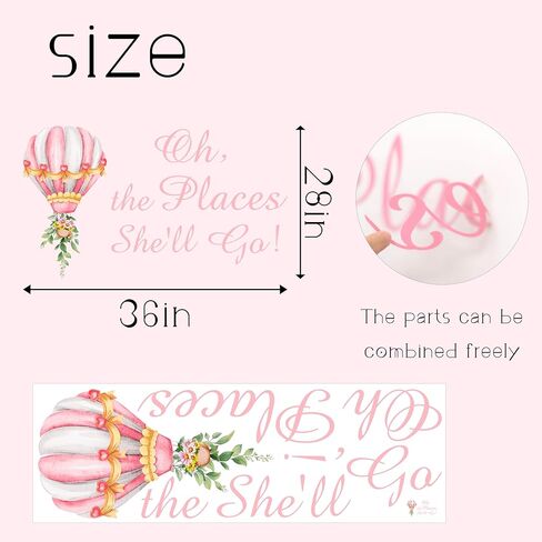 Oh The Places She'll Go Sign Decal - The Places She'll Go Backdrop Sign,Hot Air Balloons Boy or Girl Decals - Nursery Bedroom - Word Art Vinyl Sticker(Pink She'll go) in Saudi Arabia