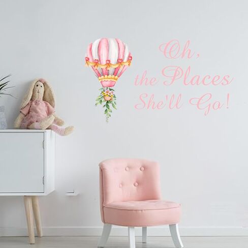 Oh The Places She'll Go Sign Decal - The Places She'll Go Backdrop Sign,Hot Air Balloons Boy or Girl Decals - Nursery Bedroom - Word Art Vinyl Sticker(Pink She'll go) in Saudi Arabia