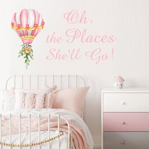Oh The Places She'll Go Sign Decal - The Places She'll Go Backdrop Sign,Hot Air Balloons Boy or Girl Decals - Nursery Bedroom - Word Art Vinyl Sticker(Pink She'll go) in Saudi Arabia