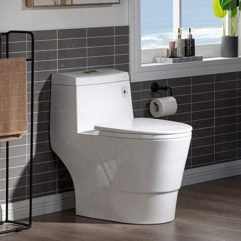مرحاض WOODBRIDGEE قطعة واحدة مع مقعد إغلاق ناعم، ارتفاع الكرسي، 1.28 GPF مزدوج، مستشعر للماء، 1000 جرام MaP Flushing Score مرحاض مع زر ذهبي مصقول T0001-BG، أبيض in Kuwait