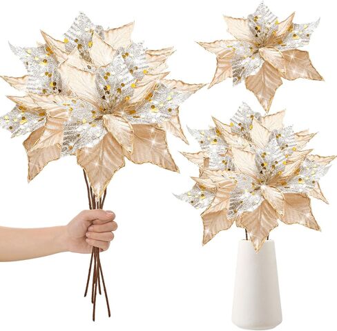Hotop 6 Pcs Christmas Glitter Poinsettia Flowers 11 Inch Long Stem Artificial Christmas Tree Poinsettia Decorations Artificial Fake Poinsettia Flowers for Xmas Tree Ornaments Wedding Holiday (Black) in Saudi Arabia