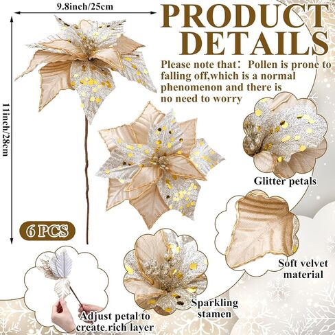 Hotop 6 Pcs Christmas Glitter Poinsettia Flowers 11 Inch Long Stem Artificial Christmas Tree Poinsettia Decorations Artificial Fake Poinsettia Flowers for Xmas Tree Ornaments Wedding Holiday (Black) in Saudi Arabia