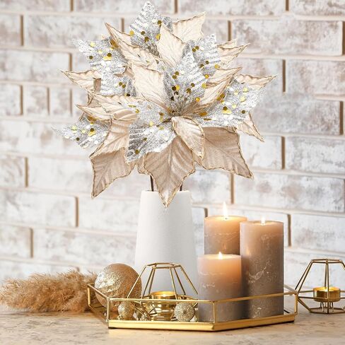 Hotop 6 Pcs Christmas Glitter Poinsettia Flowers 11 Inch Long Stem Artificial Christmas Tree Poinsettia Decorations Artificial Fake Poinsettia Flowers for Xmas Tree Ornaments Wedding Holiday (Black) in Saudi Arabia
