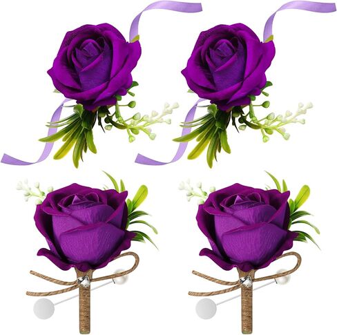 4 Pcs Corsage and Boutonniere Set, 2 Rose Wrist Corsage Wristlet Band Bracelet for Prom and 2 Boutonniere for Men Wedding Groom Flowers Accessories Suit Decoration in Saudi Arabia
