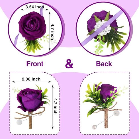 4 Pcs Corsage and Boutonniere Set, 2 Rose Wrist Corsage Wristlet Band Bracelet for Prom and 2 Boutonniere for Men Wedding Groom Flowers Accessories Suit Decoration in Saudi Arabia