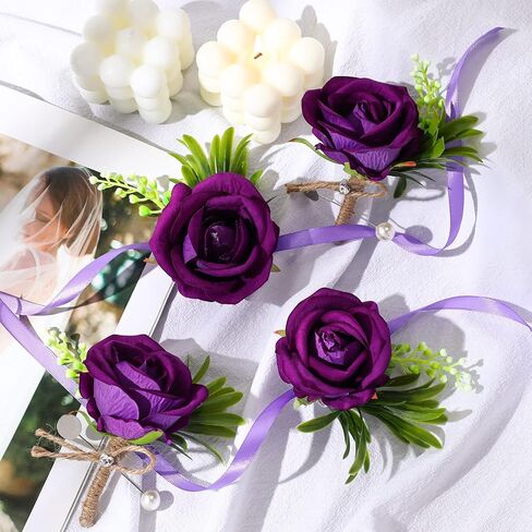 4 Pcs Corsage and Boutonniere Set, 2 Rose Wrist Corsage Wristlet Band Bracelet for Prom and 2 Boutonniere for Men Wedding Groom Flowers Accessories Suit Decoration in Saudi Arabia