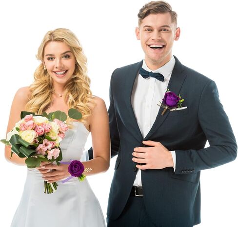 4 Pcs Corsage and Boutonniere Set, 2 Rose Wrist Corsage Wristlet Band Bracelet for Prom and 2 Boutonniere for Men Wedding Groom Flowers Accessories Suit Decoration in Saudi Arabia