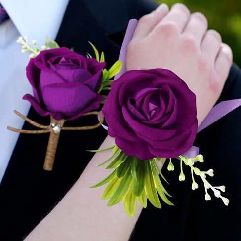 4 Pcs Corsage and Boutonniere Set, 2 Rose Wrist Corsage Wristlet Band Bracelet for Prom and 2 Boutonniere for Men Wedding Groom Flowers Accessories Suit Decoration in Saudi Arabia