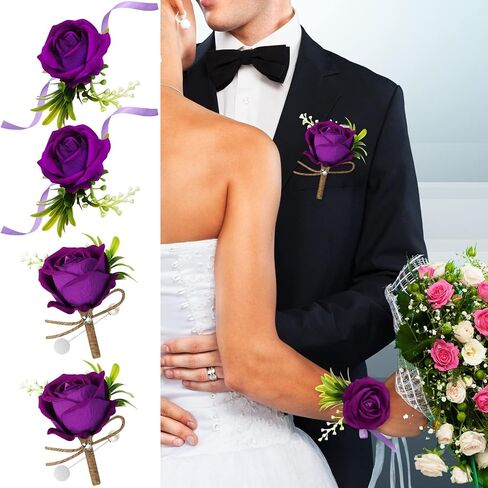 4 Pcs Corsage and Boutonniere Set, 2 Rose Wrist Corsage Wristlet Band Bracelet for Prom and 2 Boutonniere for Men Wedding Groom Flowers Accessories Suit Decoration in Saudi Arabia