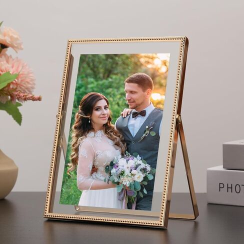 Gold 5x7'' Floating Frame 2Pack For Picture 3.5x5'', 4x6'', Beaded Thin Metal Edge Frames, Adjustable Tabletop/Shelf Photo Frame, Classy Wedding Gift and Home, Office Decor Frame in Saudi Arabia