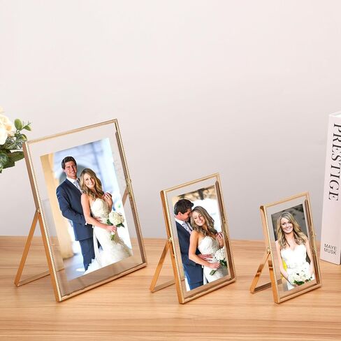 Gold 5x7'' Floating Frame 2Pack For Picture 3.5x5'', 4x6'', Beaded Thin Metal Edge Frames, Adjustable Tabletop/Shelf Photo Frame, Classy Wedding Gift and Home, Office Decor Frame in Saudi Arabia