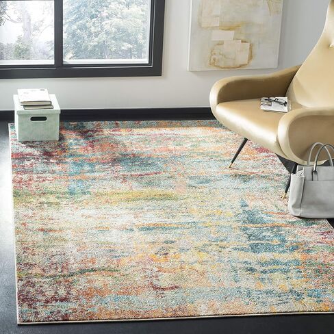 SAFAVIEH Monaco Collection Area Rug - 6'7" x 9'2", Teal & Orange, Modern Boho Abstract Design, Non-Shedding & Easy Care, Ideal for High Traffic Areas in Living Room, Bedroom (MNC262M) in Saudi Arabia