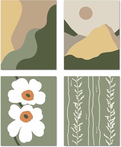 Green Wall Art Prints for Wall Decor,Boho Prints Wall Art Green Posters,Bohemian Wall Art Prints Unframed,11 x 14 inch Set of 4 Sun Moon Mountain Landscape Mid Century Modern Wall Decor for College Dorm in Saudi Arabia
