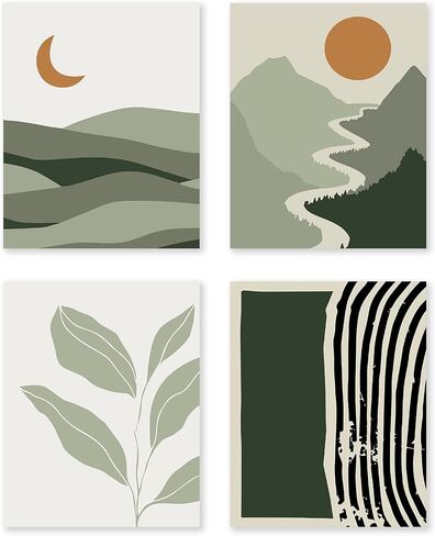 Green Wall Art Prints for Wall Decor,Boho Prints Wall Art Green Posters,Bohemian Wall Art Prints Unframed,11 x 14 inch Set of 4 Sun Moon Mountain Landscape Mid Century Modern Wall Decor for College Dorm in Saudi Arabia