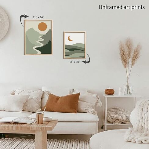 Green Wall Art Prints for Wall Decor,Boho Prints Wall Art Green Posters,Bohemian Wall Art Prints Unframed,11 x 14 inch Set of 4 Sun Moon Mountain Landscape Mid Century Modern Wall Decor for College Dorm in Saudi Arabia