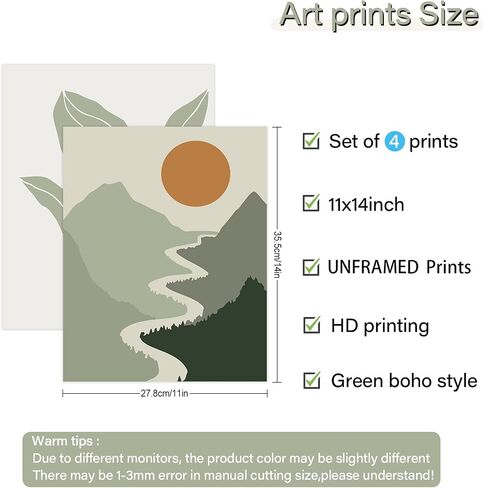 Green Wall Art Prints for Wall Decor,Boho Prints Wall Art Green Posters,Bohemian Wall Art Prints Unframed,11 x 14 inch Set of 4 Sun Moon Mountain Landscape Mid Century Modern Wall Decor for College Dorm in Saudi Arabia