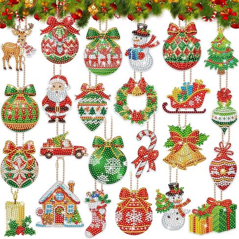 Billbotk 20 Pieces Christmas Diamond Art Painting Keychain Ornaments 5D Double Sided Christmas Ornaments Diamond Art Kit for Kids DIY Christmas Tree Ornaments in Kuwait