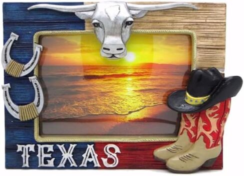 إطار صورة تذكاري ذو تصميم غربي من Texas The Lone Star State بمقاس 4 × 6 يتميز بأحذية رعاة البقر وأحذية رعاة البقر وقبعة رعاة البقر وقبعة راعية البقر وقرون طويلة وأحذية حصان in Saudi Arabia