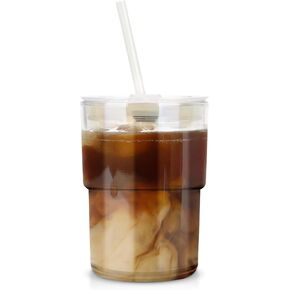 13oz Tumbler Water Glass with Straw and Lid, 2 Pack Glass Coffee Cups, Sealed Carry-On Glass Water Cup,Iced Tea, for Travel,Home, Office, Party, Camping and Outdoor (Coffee)