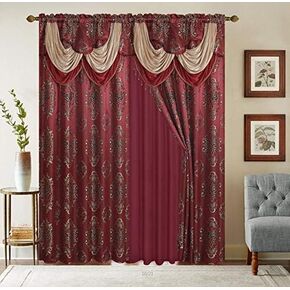 LinenTopia Classical Jacquard Window Drape Set, 2 Panels with Attached Valance + Sheer Backing, Fancy Victorian Style Damask Curtain Drape for Living Rooms, (Leyla, 84",Burgundy)