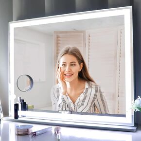 ANYHI Vanity Mirror with LED Light, Large Hollywood Vanity Mirror, Tabletop Lighted Makeup Mirror, LED Vanity Mirror, Smart Touch Contrl, 3 Color Modes, Silver (28.3"x22.1")