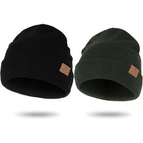 2pcs Merino Wool Warm Beanie Hats Winter Cuffed Ribbed Knit Beanie Hat for Men Women Toboggan Cap