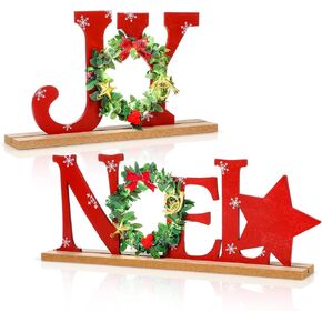 Capoda 2 Pcs Christmas Table Decorations Wooden Joy Noel Sign Red Christian Tabletop Letter Sign Religious Table Centerpiece for Xmas Home Mantel Fireplace Shelf Decor