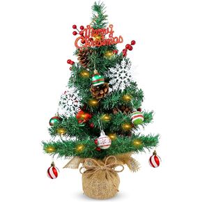 23.6" Mini Christmas Tree Table Top Lighted Artificial Xmas Tree Rustic Burlap Base - Small Tabletop Christmas Tree with Red Berries Stem Snowflake Christmas Ball Ornaments for Xmas DIY Decorations