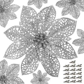 16 PCS 5.5'' Gold Poinsettia Christmas Decorations,Glitter Poinsettias Artificial Christmas Flowers with Clips,Christmas Ornaments Christmas Tree Decorations DIY Xmas Wreath Holiday Home Party Decor