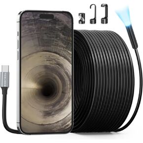 50FT Sewer Camera for iPhone, Teslong USB C Drain Plumbing Snake Borescope Inspection Camera with 8 LED Lights, 50 ft Flexible Waterproof Endoscope Fiber Optic Scope Cam for iOS Android Phone iPad