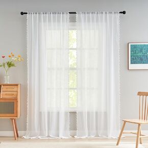 VOILYBIRD White Boho Sheers Curtains 96 Inch Length Pompom Sheers for Bedroom and Living Room, 2 Panels, W52 x L96