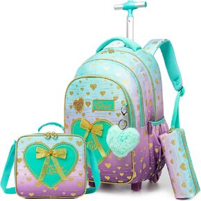 Rolling Backpack for Girls Backpack with Wheels Cute Pink Kids Suitcase for Girls with Lunch Box Set Kids Carry on Luggage with Wheels Kids Rolling Suitcase Back to School Supplies